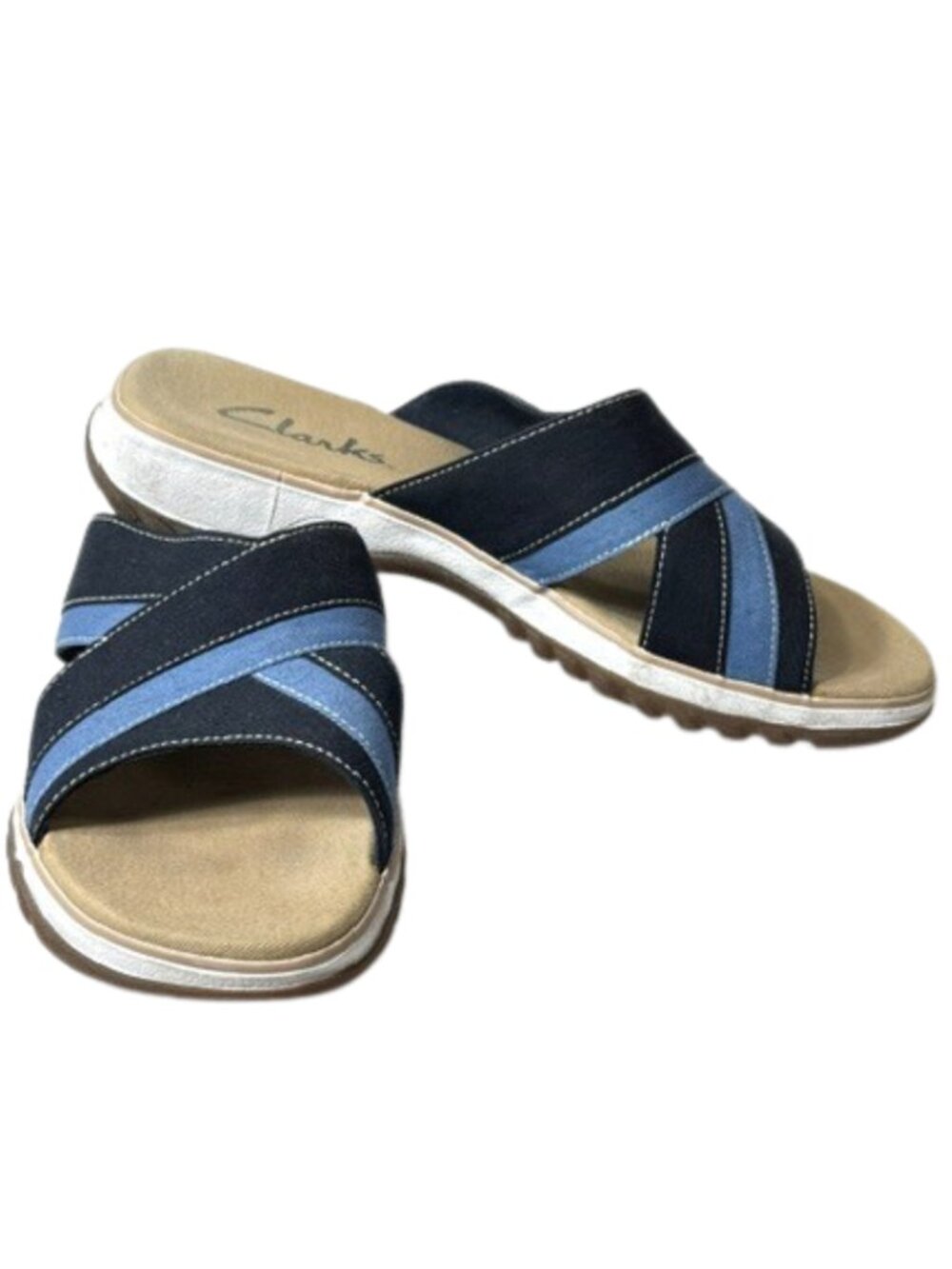 Clark's navy blue and light blue slip in sandals.